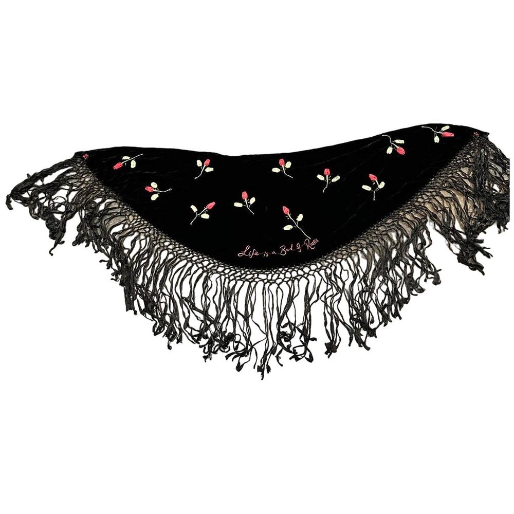 Women's Lulu Guiness Brand "Life is a Bed of Roses" Black Velvet Shawl, Wrap